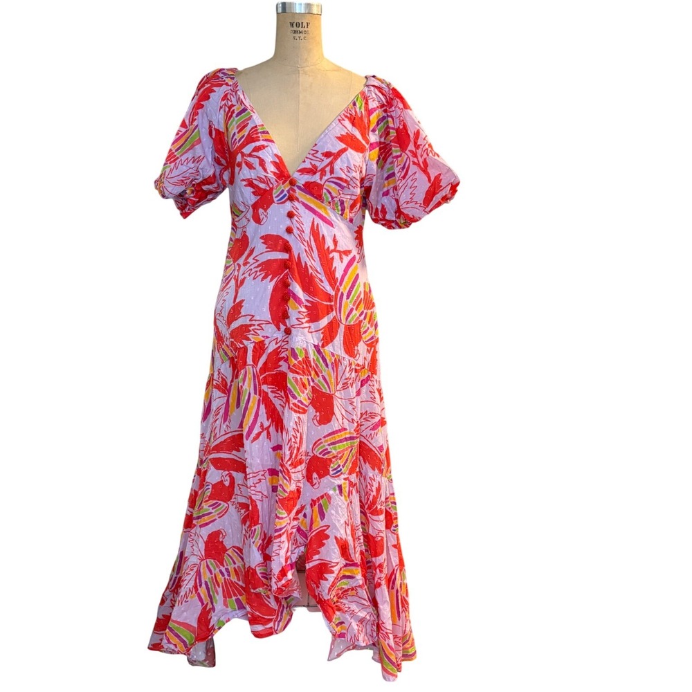 Farm Rio Lavender Tropical Parrot Print Clip Dot Maxi Dress Womens Medium Red